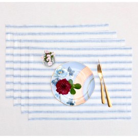 Solino Home Stripe Linen Placemats 14 x 19 Inch – 100% Pure Linen Christmas, Holiday Sky Blue and White Farmhouse Placemats Set of 4 – Washable Cloth Placemats – Capri Ticking Stripe