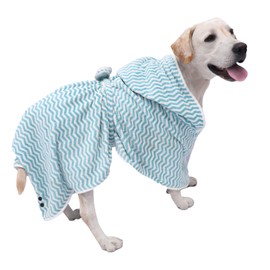 Pet Bath Towel Water Absorbent Quick Drying Ultrafine Fiber Dog Bathrobe Cat Towel with Belt Blue Stripe XS