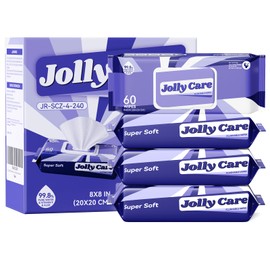 Jolly Care Flushable Wipes for Adults, Butt Wipes Flushable, Plant-Based Wet Wipes for Sensitive Skin, 99% EDI Pure Water + Aloe Vera + Vitamin E (4 Pack of 60 Counts - 240 Wipes Total)