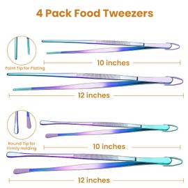 GEEKHOM Tweezer Tongs for Cooking, [4 Pack] 12 “+10” Long Tweezers Stainless Steel Kitchen Chefs Professional Tweezers for Food Frying, Barbecue, Roasting, Steak, Salad, BBQ, Dessert, Colorful