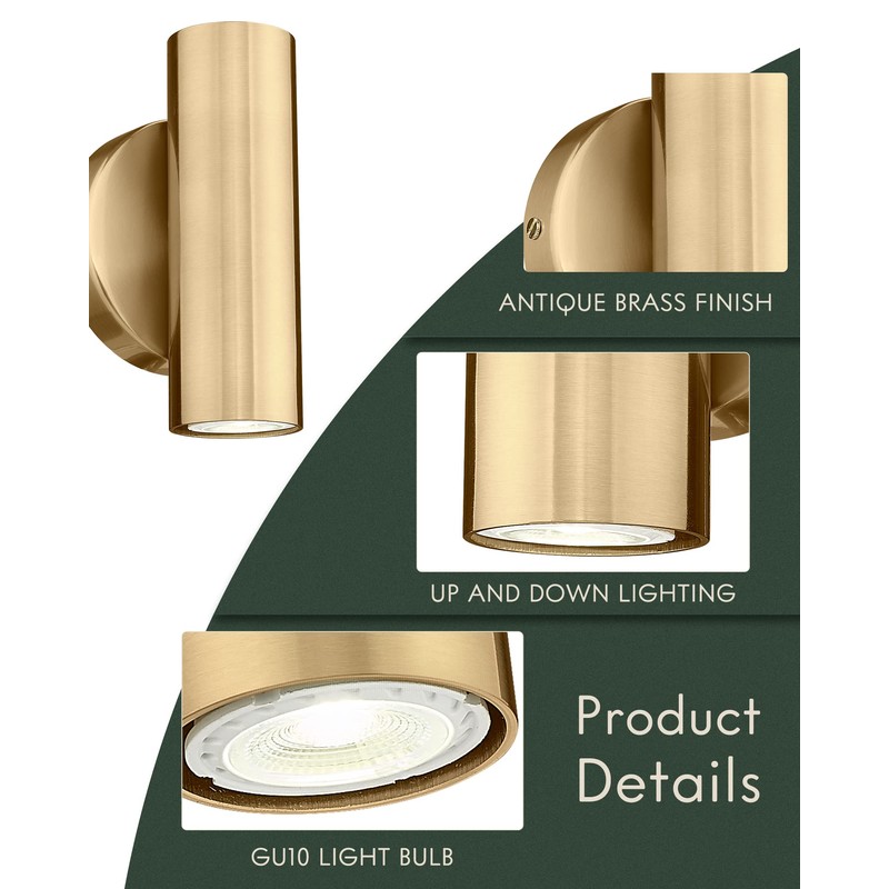 Cargifak 2-Light Wall Light, Brass Gold Wall Sconce, Indoor Up