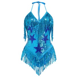 IWEMEK Sequin Sparkle Stars Fringes Bodysuit Leotard Rave Outfit for Women Music Festival Latin Dance Tassel Fringe Romper, Blue, Large