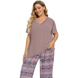 Vozanet Women's V Neck Sexy Pajamas Capri Sets Mexican Style Floral Sleepwear 2PCS Totem Casual Nighty Plus Size M to 5XL, Brown, 5X-Large