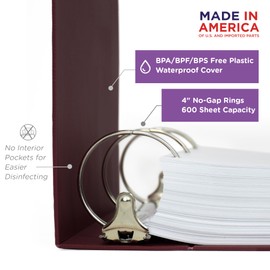 Carstens 4-Inch Heavy Duty Round Ring Binder for Medication Administration Records – Side Opening, Wine, Durable Plastic, No-Gap Rings, No Pockets, Holds 600 Letter Sheets, Made in USA (1871-3R)
