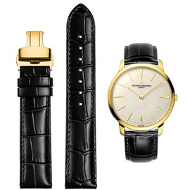 FOUUA Watch Straps Genuine Leather Alligator Embossed Replacement Folding Clasp Bracelets 12 13 14 15 16 17 18 19 20 21 22 24 mm, Black gold, Traditional