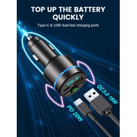 FM Transmitter for Car Bluetooth 5.3, FOCBYE Bluetooth Car Kit [All-Metal] PD 20W & QC3.0 18W Fast Car Charger, Wireless Receiver Bluetooth Car Adapter, Noise Cancelling Hands-Free Call Black