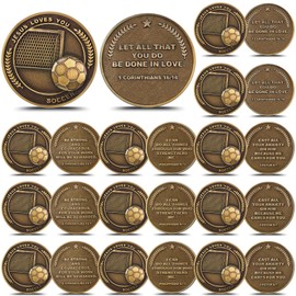 Landical 24 Pcs Bulk Christian Sports Coin Gift for Athletes 1.25" Religious Bible Verse Sports Coin Antique Gold Plated Jesus Loves You Gift for Team Players(Soccer)