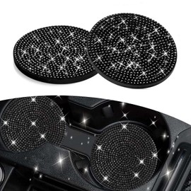 2PCS Bling Car Cup Holder Coasters, 2.75 Inch Soft Rubber Non-Slip Cup Coasters, Crystal Rhinestone Insert Drink Coaster, Universal Cup Holder Pad Set, Auto Interior Accessories for Women (Black)