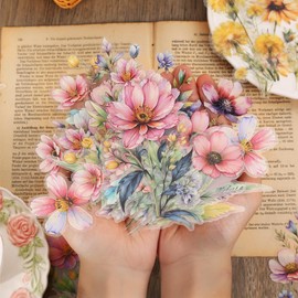 Zolarkar Collage Material, Flake Seals, Large Collage Stickers, 80 Pieces, Watercolor Flowers, Plant Seals, Translucent, PET; Waterproof, Maternal and Child Notebook Stickers, Assortment, Cute, Floral