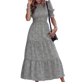 BTFBM Women Casual Summer Dresses 2025 Spring Crew Neck Ruffle Short Sleeve Floral Print Smocked Boho Flowy Maxi Dress(Leopard Apricot Grey, Medium)