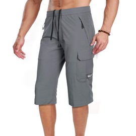 Men's Outdoor Hiking Shorts Quick Dry Stretchy 3/4 Capri Pants Cargo Shorts Male Grey