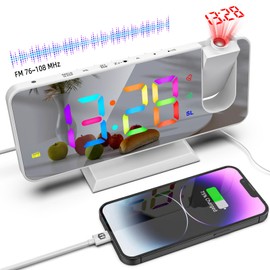 ThreeH Radiowecker mit Projektion Digital RGB Bunte Uhr für Schlafzimmer Dual Alarm USB Ladeanschluss Snooze Großer Spiegel Bildschirm Display Weiß