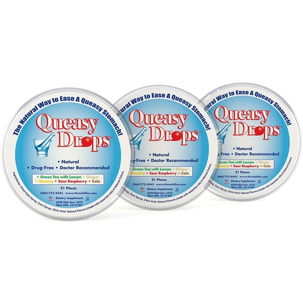 Queasy Drops | 3 Pack: 21 Drops Each | Nausea Relief (Chemo, Motion Sickness, Hangover etc.) | Drug Free & Gluten Free | Five Flavors: Green Tea with Lemon, Ginger, Raspberry, Banana & Cola