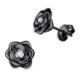 JeweBella Small Rose Stud Earrings Silver 925 Earrings for Women Girls Hypoallergenic Small Rose Flowers Earrings with 5A + Zirconia Helix Cartilage Earrings Silver/Gold/Rose Gold/Black Gifts, Silver