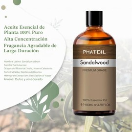 PHATOIL Aceite esencial de sándalo de 100 ml, aceites esenciales de aromaterapia puros para difusor, humidificador, relajante, aceites perfumados para