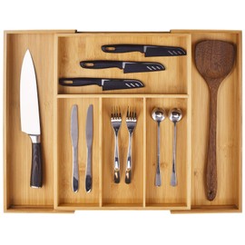 Bamboo Drawer Organizer, Expandable Silverware Drawer Organizer and Cutlery Tray, Wooden Drawer Dividers Organizer for Kitchen Utensils and Flatware (5-7 Slots)