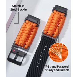 BINLUN Compatible With Garmin Watch Strap 20mm 22mm 26mm, Heavy-Duty Braided 550 Paracord Nylon Sport Replacement Bands Design for Quickfit Fenix/Fit for Forerunner/for Instinct/for Quatix/for MARQ