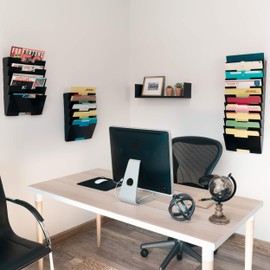 Wallniture Lisbon 10-Tier Wall Mounted File Holder and Desk Organizer, Metal Black Office Organization and Storage Rack