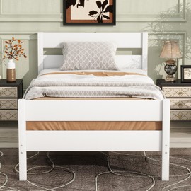 LUMISOL Twin Size Platform Bed with Headboard and Footboard, Wood Twin Size Bed Frame, White