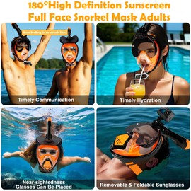 Snorkel Mask, Full Face Snorkel Mask Adults with Camera Mount, Check Valve Air Inlet, Snorkeling Gear for Adults Teen with Myopia Frame Clip, 180 Degree Panoramic View Snorkel Set, Black & Orange