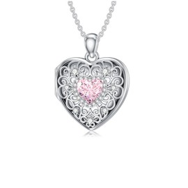 MEIDERBO Heart Locket Necklace for Women 925 Sterling Silver October Birthstone Crystal Picture Locket Pendant Jewelry Gifts for Women