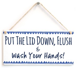 Put The Lid Down, Flush & Wash Your Hands! - Stylish Bathroom Rules/Toilet Rules Door Sign Blue Border