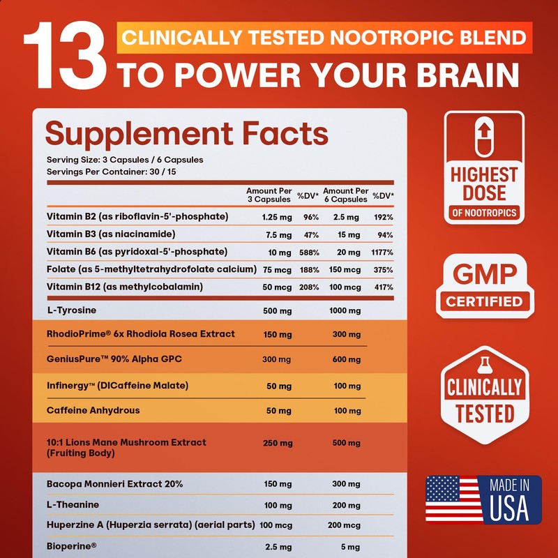 Nootropic Strongest Focus Supplement - Clinically Backed Ingredients Made in