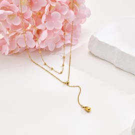 Dainty Layered Necklace for Women, 14k Gold Trendy Water Droplet Y-Shaped Necklace Simple Beaded Cubic Zirconia Chain Pendant Chain Minimalist Fashion Jewelry Gift/Style C