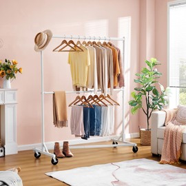 Hoctieon Double Rod Clothes Racks with Z-Base, Adjustable Clothing Rack, Standing Clothes Rack, Metal Clothing Racks for Hanging Clothes, Rolling Garment Rack, White