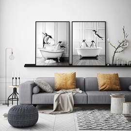 QPLGTU Bathroom Home Background Wall Decoration Poster, Black and White Highland Livestock Animal Decoration Photos Wallpaper, Funny Animal Print Poster, Frameless (Penguin, 40 x 60 cm x 2)