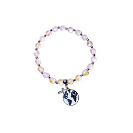 Cynthia Lynn"LIGHT of the WORLD" Stainless Steel Matte Pink Aura Quartz Jesus Cross World Stretch Charm Bracelet (S (7 inches))