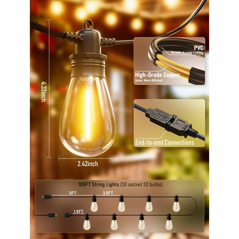 Jerritte 100FT LED Outdoor String Lights with 30 Edison Shatterproof
