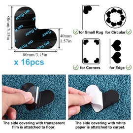 16 Pack Rug Gripper, Double Sided Non-Slip Rug Pads Rug Tape Stickers Washable Area Rug Pad Carpet Tape Corner Side Gripper for Hardwood Floors and Tile