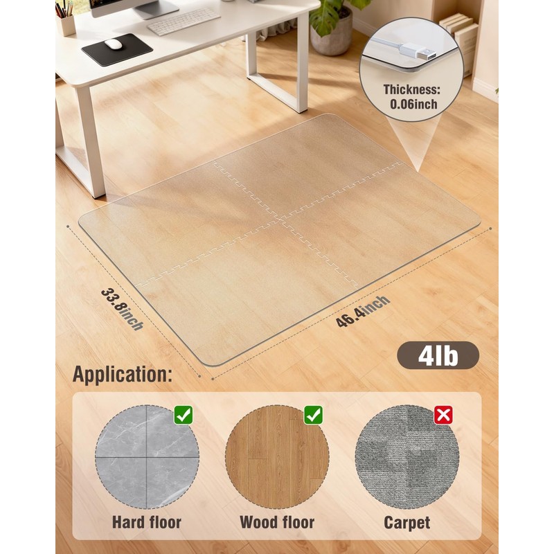 Blvornl Innovative Puzzle Chair Mat for Hardwood Floor, 36"*48" Hard