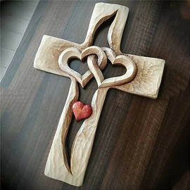 YFEIQI Carved Wooden Cross - Intertwined Hearts, Hand Carved Wooden Love Cross for Wall Hanging, Home Living Room Decor