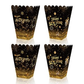 Dusenly 12 Pack Happy New Year Popcorn Boxes Black Gold Paper Popcorn Buckets Container for 2025 New Years Eve Party Decorations