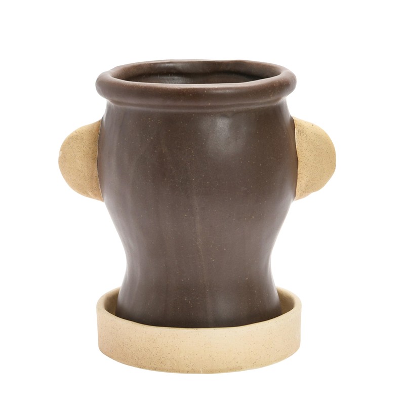 Creative Co-Op Stoneware Face Planter with Saucer, Brown & Cream