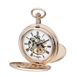 PUREgrey Pocket Watch Double Cover Skeleton Mechanical with Chain and Case, pink, Classic