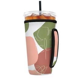 Reusable Insulated Neoprene Iced Coffee Sleeve with Handle, Coffee Cup Holder for Hot & Cold Drinks, Universal Fit 16–32oz Cups, Bottles & Tumblers - Pastel Flowers L