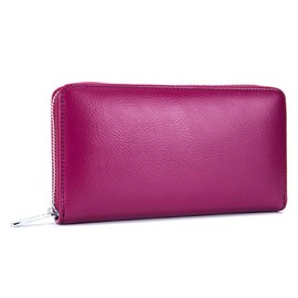 Egurs Women's RFID Blocking Real Leather Zip Around Wallet Clutch Large Travel Card Case Purse rose Red rose Red