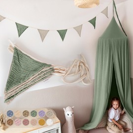 LILIMAUS Bunting Fabric [with Gold Appliqué in 12 Colours] Bunting Children's Room - 100% Cotton Handmade Garland Fabric - Muslin Bunting - House Bed Decoration Girls & Boys for Baby Room
