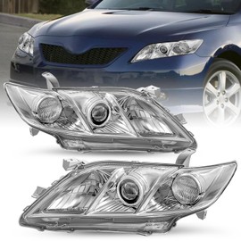 SOCKIR Halogen Headlight Assembly Fit for 2007 2008 2009 Toyota Camry Sedan 4-Door (USA Built Models Only), Chrome Housing with Clear Reflector