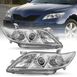 SOCKIR Halogen Headlight Assembly Fit for 2007 2008 2009 Toyota Camry Sedan 4-Door (USA Built Models Only), Chrome Housing with Clear Reflector