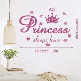 Vinyl Wall Decals Quote The Princess Sleeps Here Pink Crown Diamond Wall Stickers Removable DIY Art Words Mural Wallpaper Decor for Girls Kids Bedroom Nursery Home Decoration