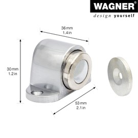WAGNER Snap Shut Design Door Stop 52 x 33 x 30 mm, Die-Cast Zinc with Magnetic Stop and Stop Plate Made of Steel, Silver, for Heavy Doors, Screwing Includes Mounting Material - 15505611