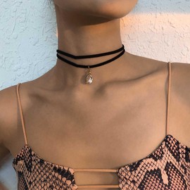 Iaceble Vintage Layered Black Velvet Necklace Teardrop Rhinestone Necklace Crystal Velvet Choker Necklace Gold Cz Waterdrop Necklace Short Suede Collar Necklace Jewelry for Women