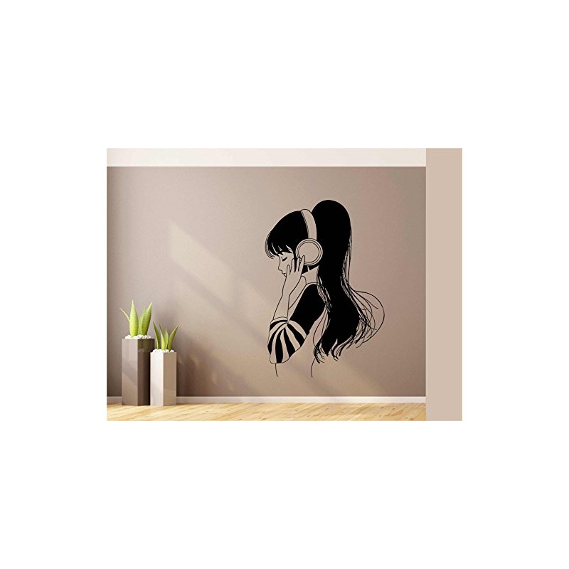 Heaven Decors Girl with Music Headphone Black Wall Sticker Size(59