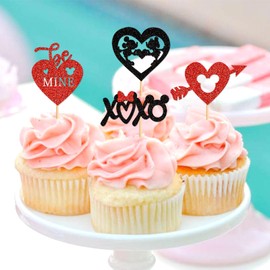 Keaziu - Paquete de 24 adornos para magdalenas con texto en inglés "Happy Valentines Day", diseño de mouse rojo, para decoración de pasteles, San Valentín, boda, fiesta, suministros de día festivo,