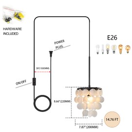 JC TOPA 14.76ft Capiz Shell Pendant Light Fixture, 7.87” 1-Light Plug in Shell Black Chandelier with ON/Off Switch for Kitchen Island, Dining Room, Bedroom Room, Living Room