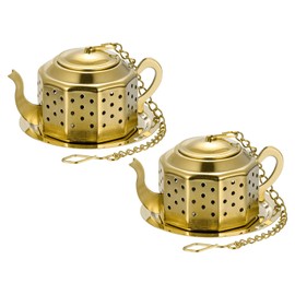 uxcell 2 Pcs Tea Infuser Filter with Chain and Drip Tray, Loose Tea Steeper, Stainless Steel Tea Strainer for Brew Loose Leaf Tea, Gold
